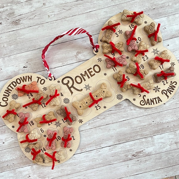 Personalized Dog Santa Treat Countdown to Santa Paws | Dog Advent Calendar | Custom Santa Paws Puppy Bone Treat Holder