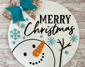 Merry Christmas Snowman Sign 12” / 16” / 18” Round Wood Sign | Winter Door Idea | Front door welcome sign | Christmas Door Sign
