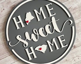 Massachusetts to South Carolina Home Sweet Home Round Wood Sign | Two State Home Sign | New Home Sign | Housewarming | Farewell Gift