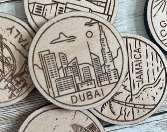 Dubai Travel Token or Magnet | Wood State, City, Landmark, National Parks, or Country Collector Tokens | Travel Tracking Token