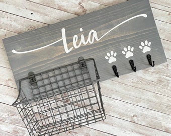 Dog Name Leash Hook and Basket Sign Combo | Custom Dog Name sign with basket and leash hooks | Front Door Pet Organizer | Dog Mom Dad Gift