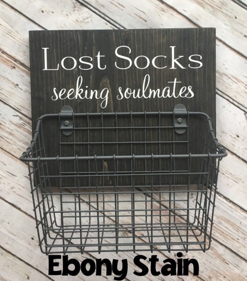 Lost Socks seeking solemates or soulmates wood sign with attached basket Laundry Room Decor Laundry Organization Classic Version image 3
