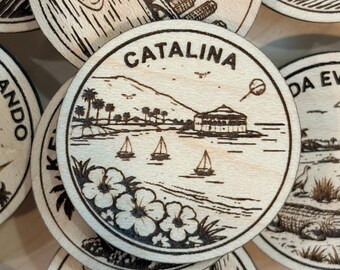 Catalina Travel Token or Magnet or Ornament: Engraved Wood Destination World Traveler Collector Souvenir