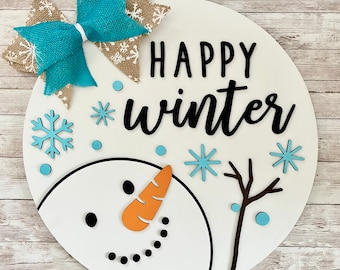 Happy Winter Snowman Sign 12” / 16” / 18” Round Wood Sign | Winter Door Idea | Front door welcome sign | Christmas Door Sign