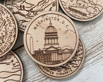 Washington DC Travel Token or Magnet | Wood State, City, Landmark, National Parks, or Country Collector Tokens | Travel Tracking Token