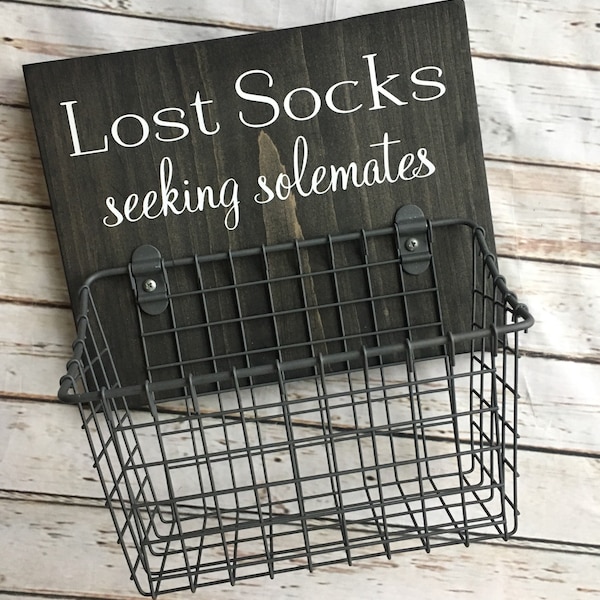 Lost Socks Seeking Solemates wood sign with sock basket | Laundry Room Decor | Laundry Organization | Classic Edition