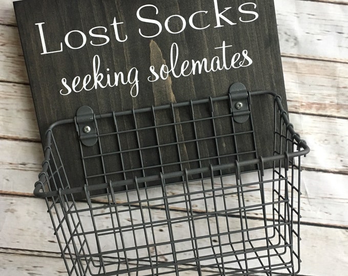 Lost Socks - seeking solemates (or soulmates) | wood sign with attached basket | Laundry Room Decor | Laundry Organization | Classic Version