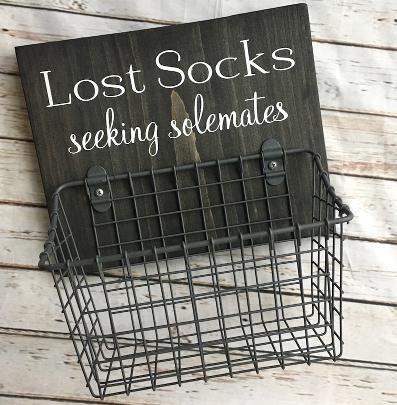 Lost Socks seeking solemates or soulmates wood sign with attached basket Laundry Room Decor Laundry Organization Classic Version image 1