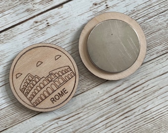 Template Travel Token or Magnet or Ornament: Engraved Wood Destination World Traveler Collector Souvenir