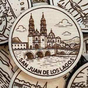 Jeton ou aimant de voyage San Juan de Los Lagos | Jeton de collection pour l'état, la ville, le monument ou le pays du bois | Jeton de suivi de voyage