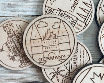 Germany Travel Token or Magnet | Wood State, City, Landmark, National Parks, or Country Collector Tokens | Travel Tracking Token