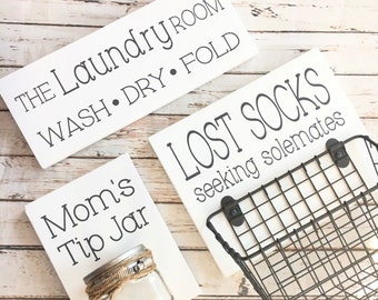 Laundry Room Sign Trio |  Lost Socks Basket AND Mom's Tip Jar AND The Laundry Room Sign | Laundry Room Decor | Color Pop Series