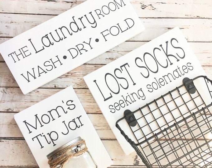 Laundry Room Sign Trio |  Lost Socks Basket AND Mom's Tip Jar AND The Laundry Room Sign | Laundry Room Decor | Color Pop Series