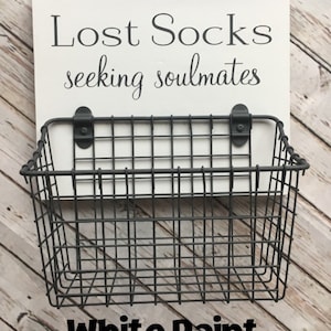 Lost Socks seeking solemates or soulmates wood sign with attached basket Laundry Room Decor Laundry Organization Classic Version image 4