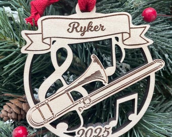 Personalized Trombone Christmas Ornament: Engraved Wood, Musician Gift