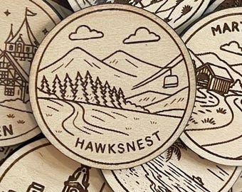 Hawksnest Travel Token or Magnet or Ornament: Engraved Wood Destination World Traveler Collector Souvenir