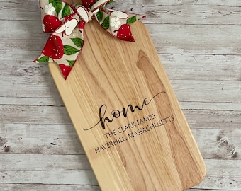 HOME Cutting Board with Seasonal Bow with Town name & Coordinates | Housewarming Gift | Charcuterie Cutting Board | 2 sizes Available