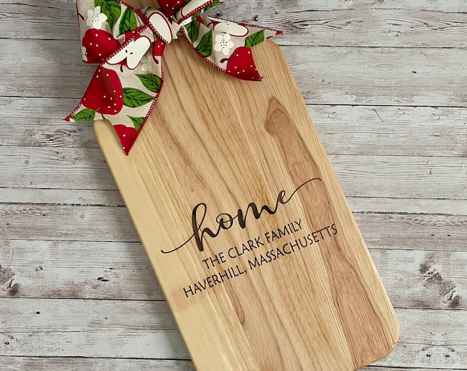 HOME Cutting Board with Seasonal Bow with Town name & Coordinates | Housewarming Gift | Charcuterie Cutting Board | 2 sizes Available