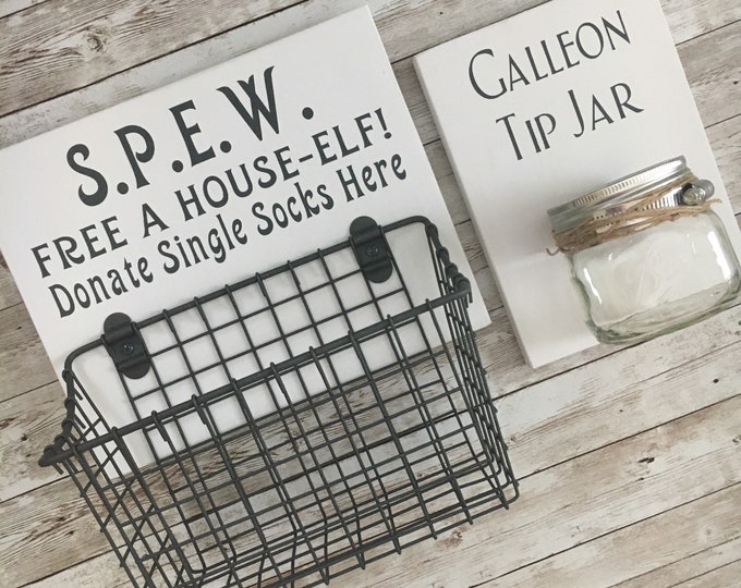 Laundry Room Sign Combo | Donate Single Socks Here + Tip Jar | Laundry Room Humor wood sign with attached sock basket + glass coin holder