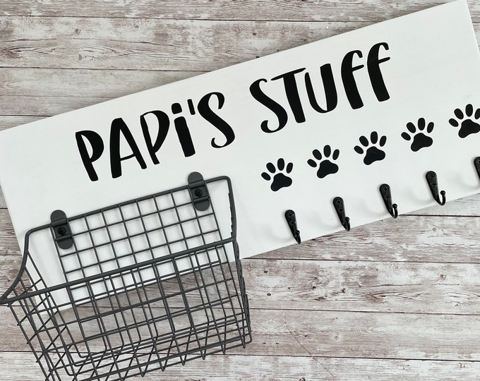 Dog Leash Hook and Basket Sign Combo | Custom Dog Name sign with attached basket and leash hooks | Pet Organizer | Dog Mom Gift