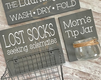 Laundry Room Sign Trio | Lost Socks Basket + Mom's Tip Jar + The Laundry Room Sign | International Shipping Available | Color Pop Series