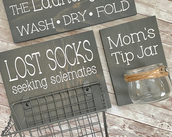 Laundry Room Sign Trio | Lost Socks Basket + Mom's Tip Jar + The Laundry Room Sign | International Shipping Available | Color Pop Series