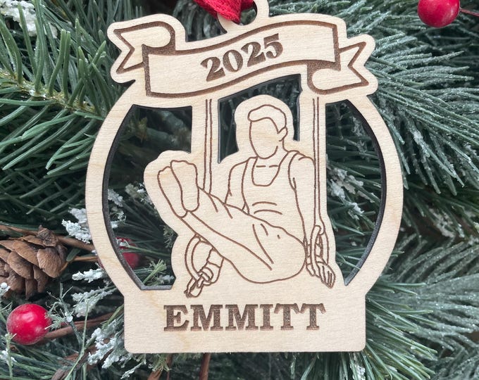 Personalized Gymnastics Ornament: Engraved Wood Gymnast on Rings, 2025