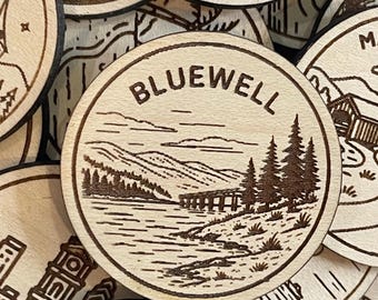 Bluewell Travel Token or Magnet or Ornament: Engraved Wood Destination World Traveler Collector Souvenir