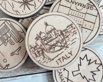 Italy Travel Token or Magnet | Wood State, City, Landmark, National Parks, or Country Collector Tokens | Travel Tracking Token