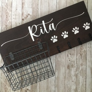 Dog Name Leash Holder and Basket Wall Sign Combo | Quote or Dog Name sign with basket and leash hooks | Wall Dog Leash Hooks