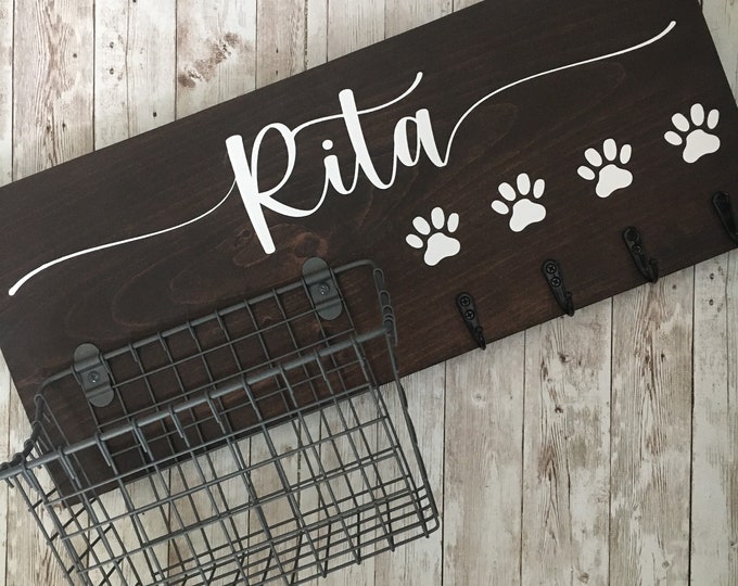 Dog Name Leash Holder and Basket Wall Sign Combo | Quote or Dog Name sign with basket and leash hooks | Wall Dog Leash Hooks