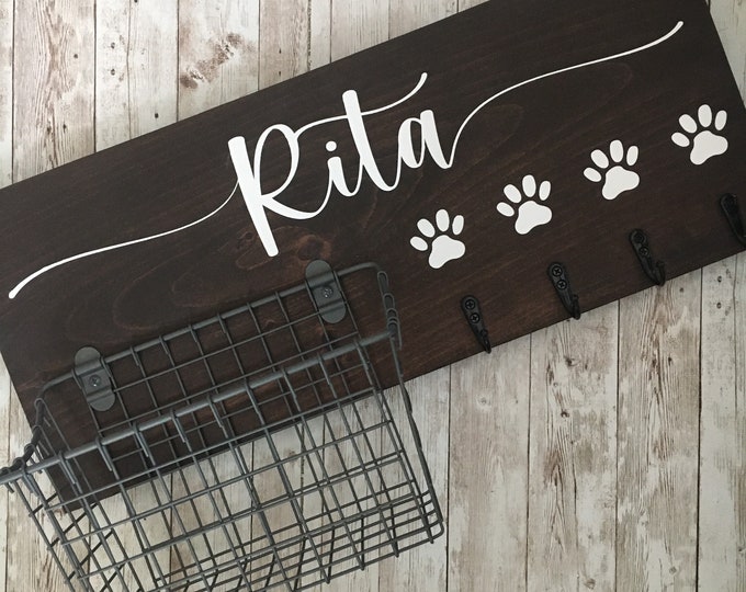 Dog Name Leash Holder and Basket Wall Sign Combo | Quote or Dog Name sign with basket and leash hooks | Wall Dog Leash Hooks