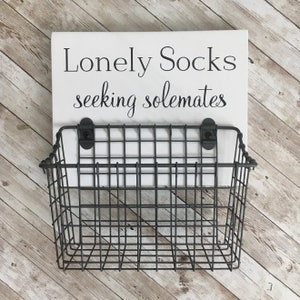 Lonely Socks - Seeking Solemates | wood sign with attached basket | Laundry Room Decor | Laundry Organization