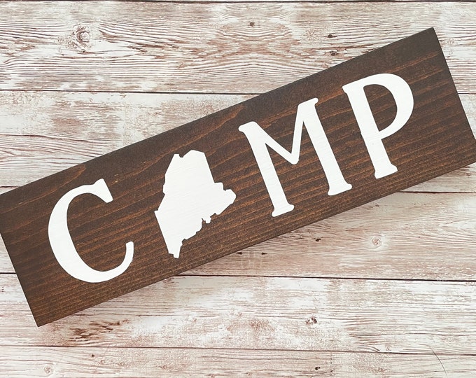 Camp State Wood Sign | Vacation Home | Gallery Wall Decor | 3 sizes Available 3.5” x 12”, 5.5 x 18” and 9 x 32” Sign