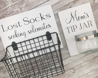 Laundry Room Sign Combo | Mom's Tip Jar & Lost Socks - Seeking Solemates | sign with attached glass jar coin holder | Change Jar