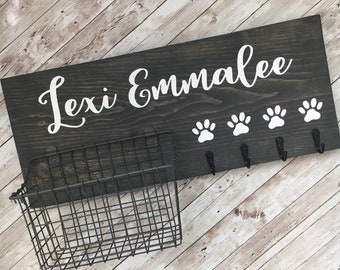 Dog Leash Hook and Basket Sign Combo | Custom Dog Name sign with basket and leash hooks | Front Door Pet Organizer | Pet Parent Gift