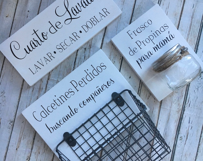 Spanish Laundry Room Sign Trio |  Frasco de Propinas para mama & Calcetines Perdidos buscando companeros | Spanish Laundry Decor