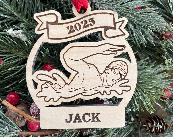 Personalized Boy Swimmer Wood Christmas Ornament: Engraved 2025 Swim Gift