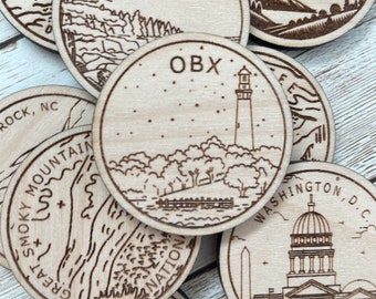 OBX Travel Token or Magnet | Wood State, City, Landmark, National Parks, or Country Collector Tokens | Travel Tracking Token