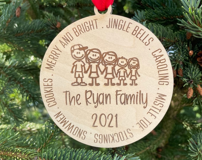 2024 Personalized Christmas Family Ornament | Stick Figure Family | Personalized Tree Ornament | Family + Cat + Dog Available