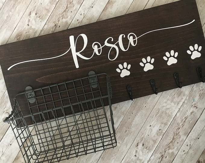 Dog Leash Hook and Basket Sign Combo | Custom Dog Name sign with basket and leash hooks | Front Door Pet Organizer | Dog Mom or Dad Gift