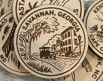 Savannah, Georgia Travel Token or Magnet or Ornament: Engraved Wood Destination World Traveler Collector Souvenir