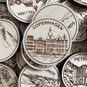 Kopenhagen Reise-Token oder Magnet | Wood Zustand, Stadt, Wahrzeichen, Nationalparks oder Land Sammler Token | Travel Tracking Token
