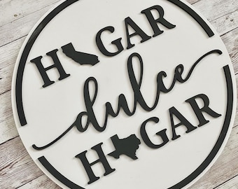 Hogar Dulce Hogar Round Double State Wood Sign | Two State Home Sweet Home Sign | Spanish New Home State Sign | Regalo de bienvenida Español