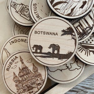 Botswana Reisetoken oder Magnet | Wood Zustand, Stadt, Wahrzeichen, Nationalparks oder Land Sammler Token | Travel Tracking Token