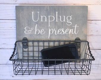 Unplug & Be Present phone basket | No Phone Rule wood sign with attached basket | Dining Room - Kitchen Humor