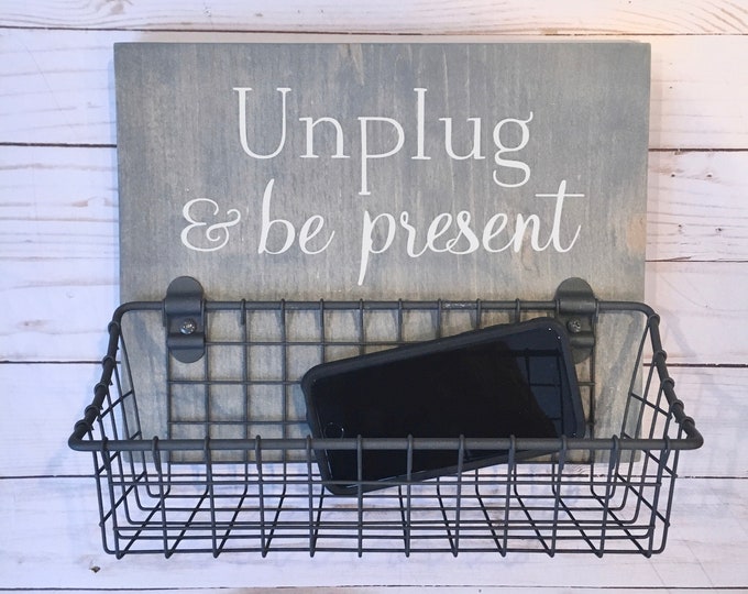 Unplug & Be Present phone basket | No Phone Rule wood sign with attached basket | Dining Room - Kitchen Humor