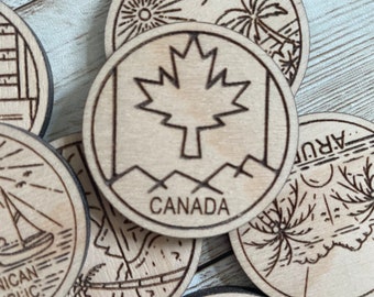 Canada Travel Token or Magnet | Wood State, City, Landmark, National Parks, or Country Collector Tokens | Travel Tracking Token