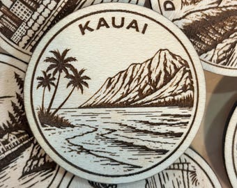 Kauai Travel Token or Magnet or Ornament: Engraved Wood Destination World Traveler Collector Souvenir