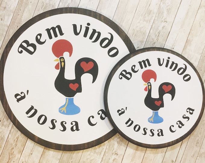 Portuguese Rooster Round Wood Sign | Bem Vindo à Nossa Casa | Galo de Barcelos Housewarming Gift | 4 sizes Available